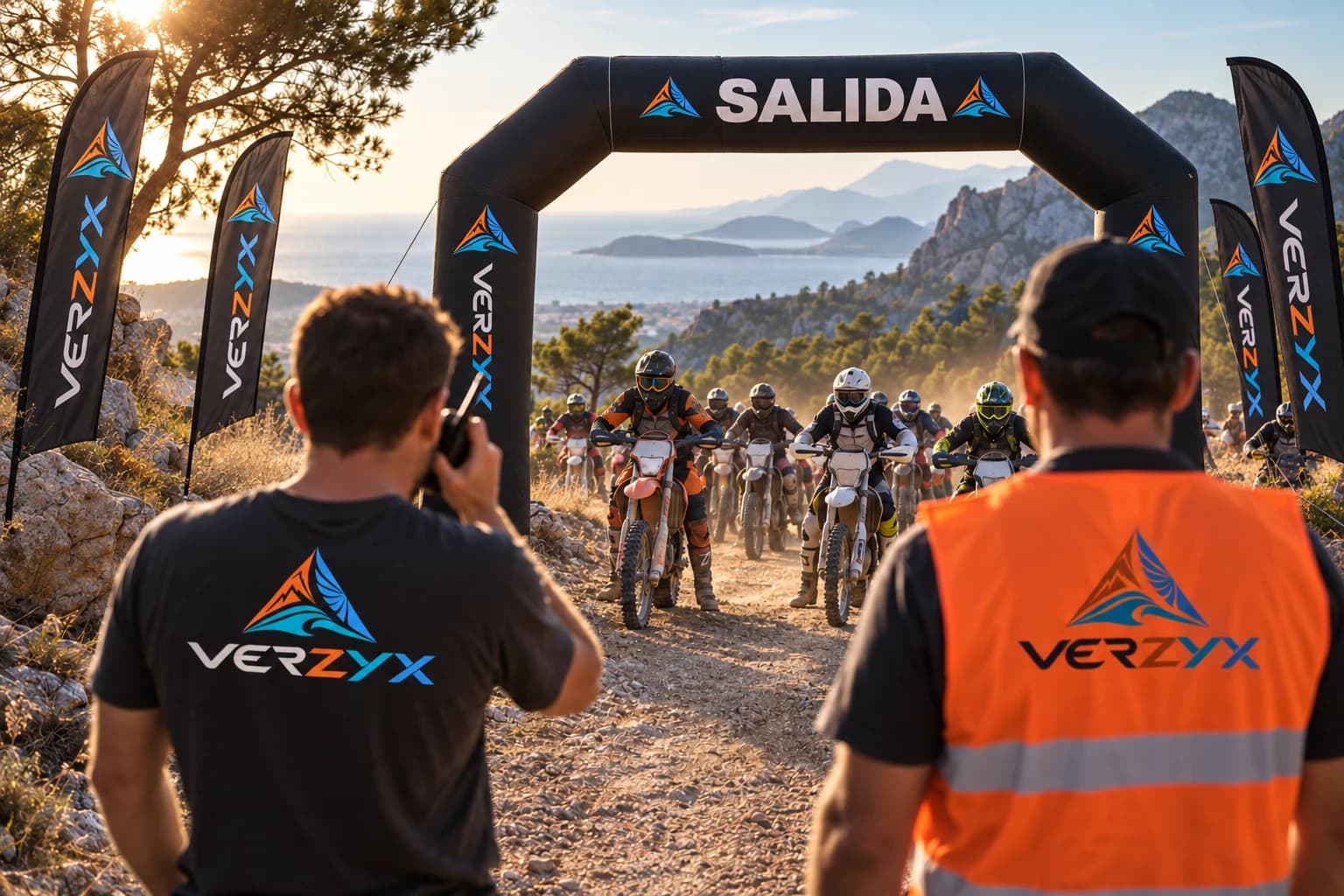 Concepto de salida con arco, banderolas y camisetas VERZYX