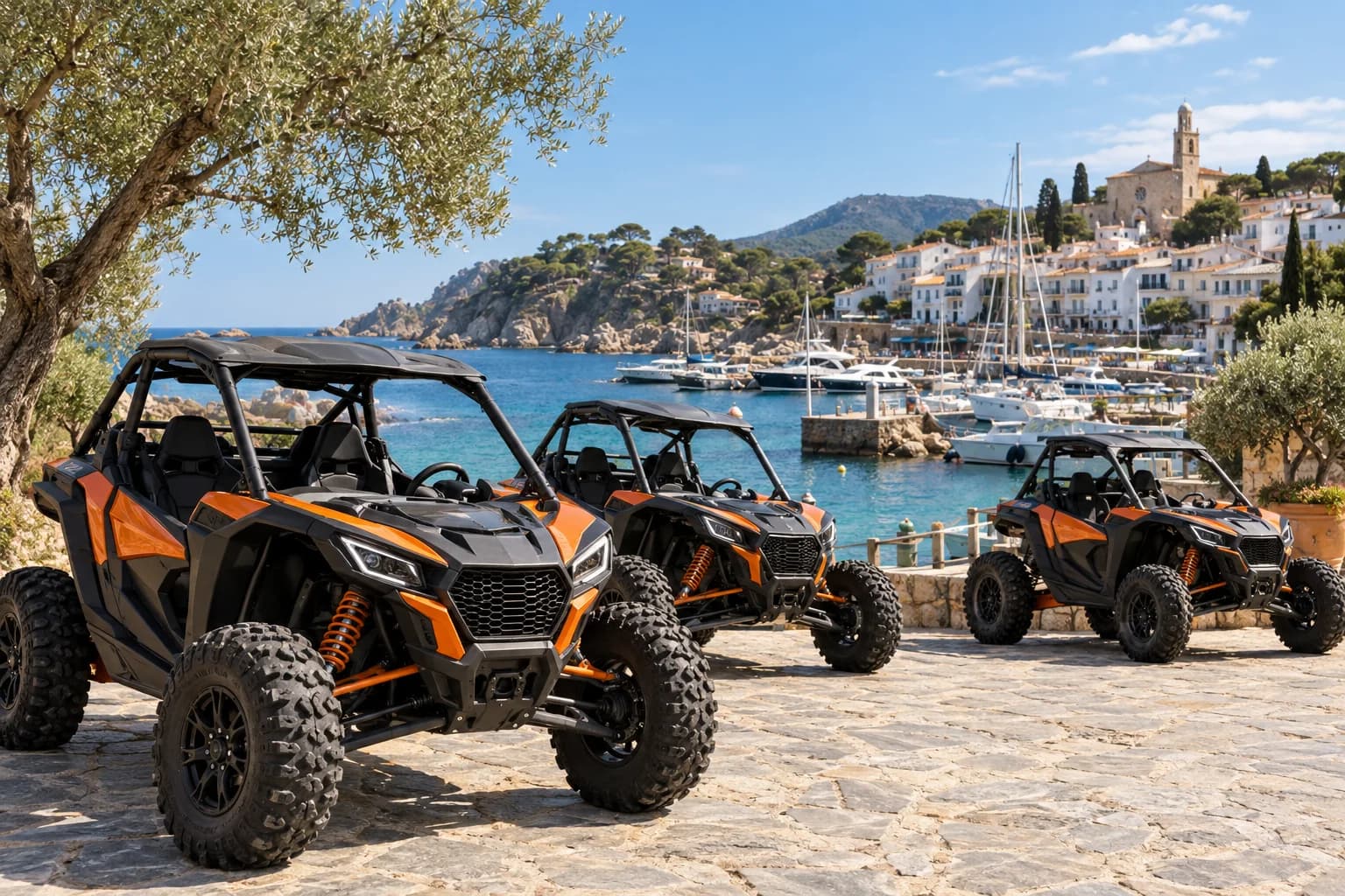 Flota de buggies junto a un puerto mediterráneo